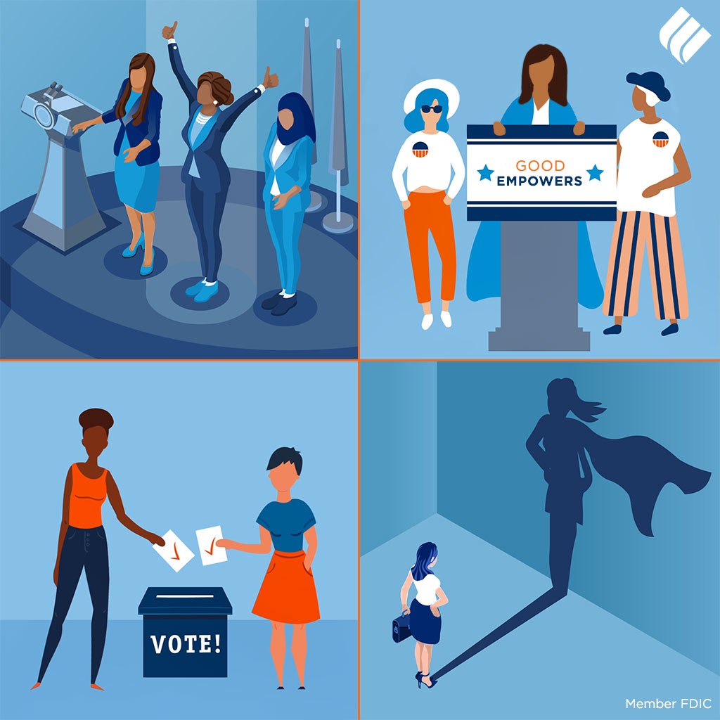 Animation, blue graphics of women voting 