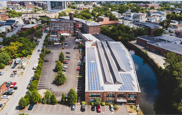 Aerial view of Western Avenue Studios & Lofts brick building