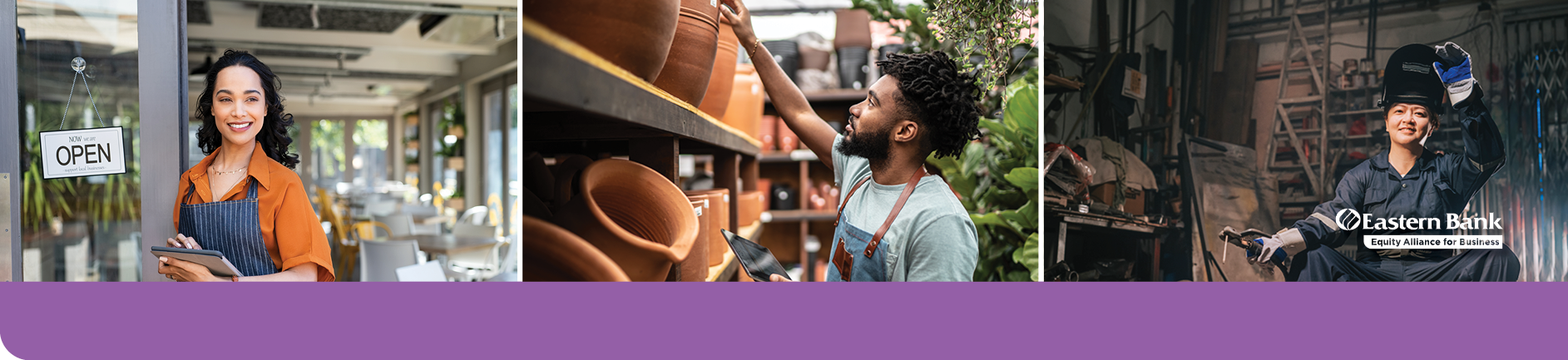 A latina woman wearing an apron stands outside of her restaurant, a black man puts a planter on a shelf in his nursery, an asian woman lifts her mask away from her face while working on a welding project