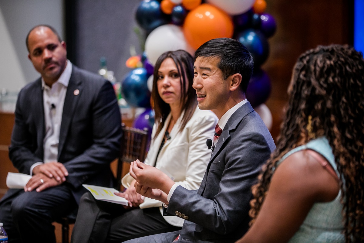 Speakers listen to Stephen Chan discuss the importance of intersectionality 