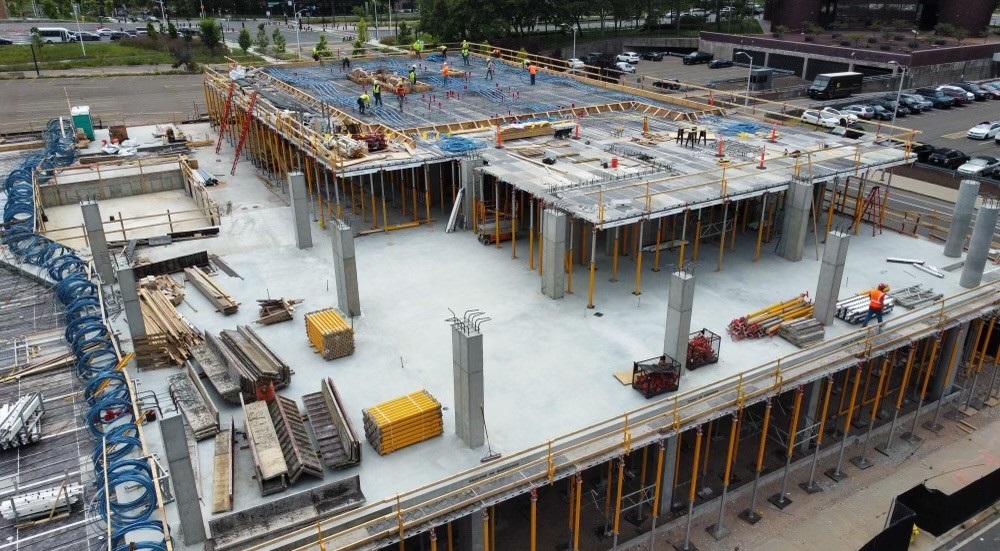 Aerial view of a large commercial roof under construction