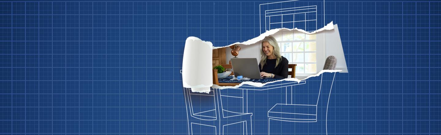 Illustration of a house blueprint with a tear in the middle revealing a woman working on her computer
