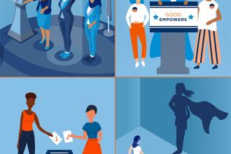 Animation, blue graphics of women voting 