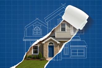 An illustration of a blueprint of a house with the middle ripped away revealing the actual house
