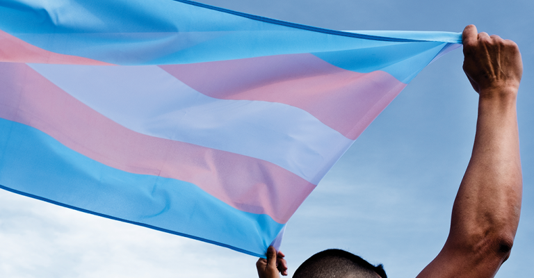 A man proudly holds the transgender flag over his head