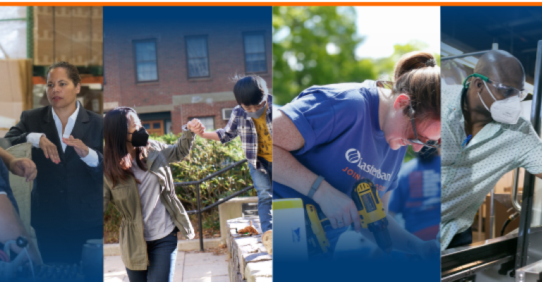 Collage of images of a woman in a suit speaking with a warehouse worker, a mother helping her son walk along a wall, an Eastern Bank employee volunteering, and a man using a machine